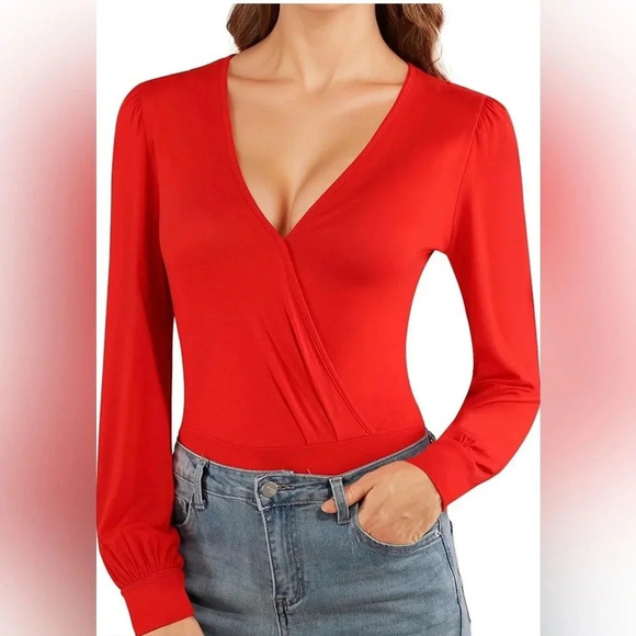 💋 MANGOPOP Cross Wrap Top‎ Deep V Neck Loose Long Sleeve Body Suit Size XXL - Picture 1 of 12
